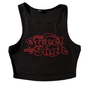 Black Ribbed Crop Top with Red Graphic “Stay Sweet Stay High”